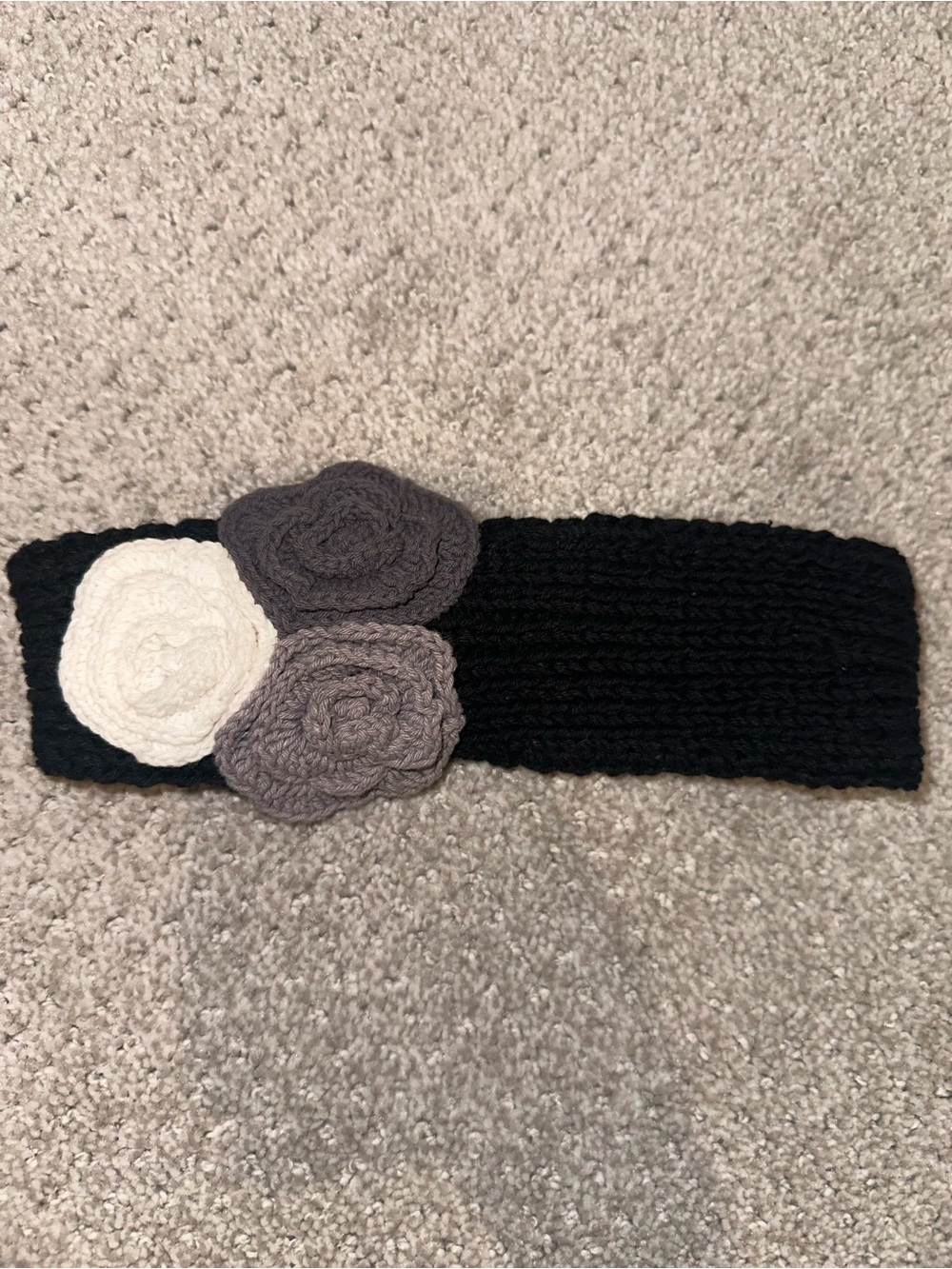 Black Knit Headband with Gray and Cream Flower Accents